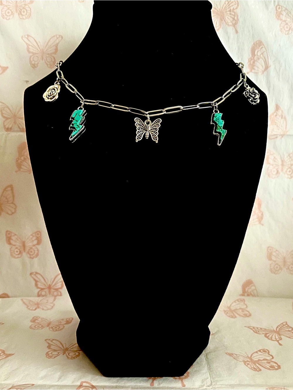Boho Silver toned Butterfly Paperclip Necklace with Turquoise Lightning Charms